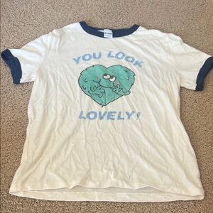 Re/Done White Ringer Tee with Blue Trim and Green Heart Graphic